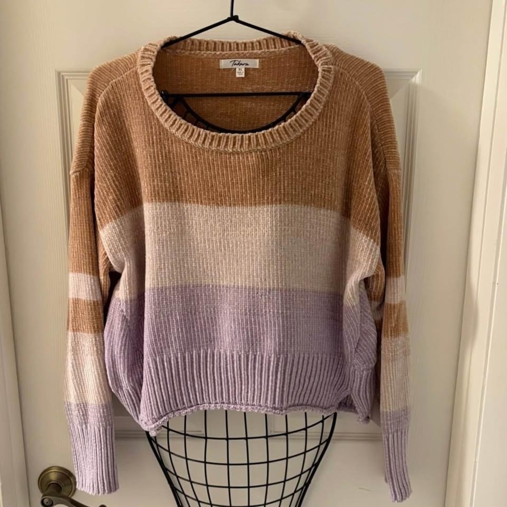 Takara Chenille Colorblock Sweater Women's XL Beige Lavender Cozy Soft Knit